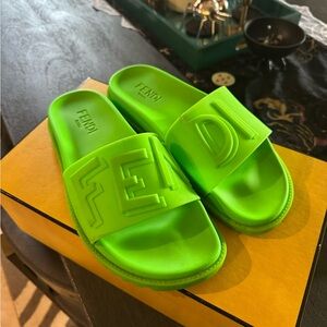 Fendi Bright Green Embossed Slides